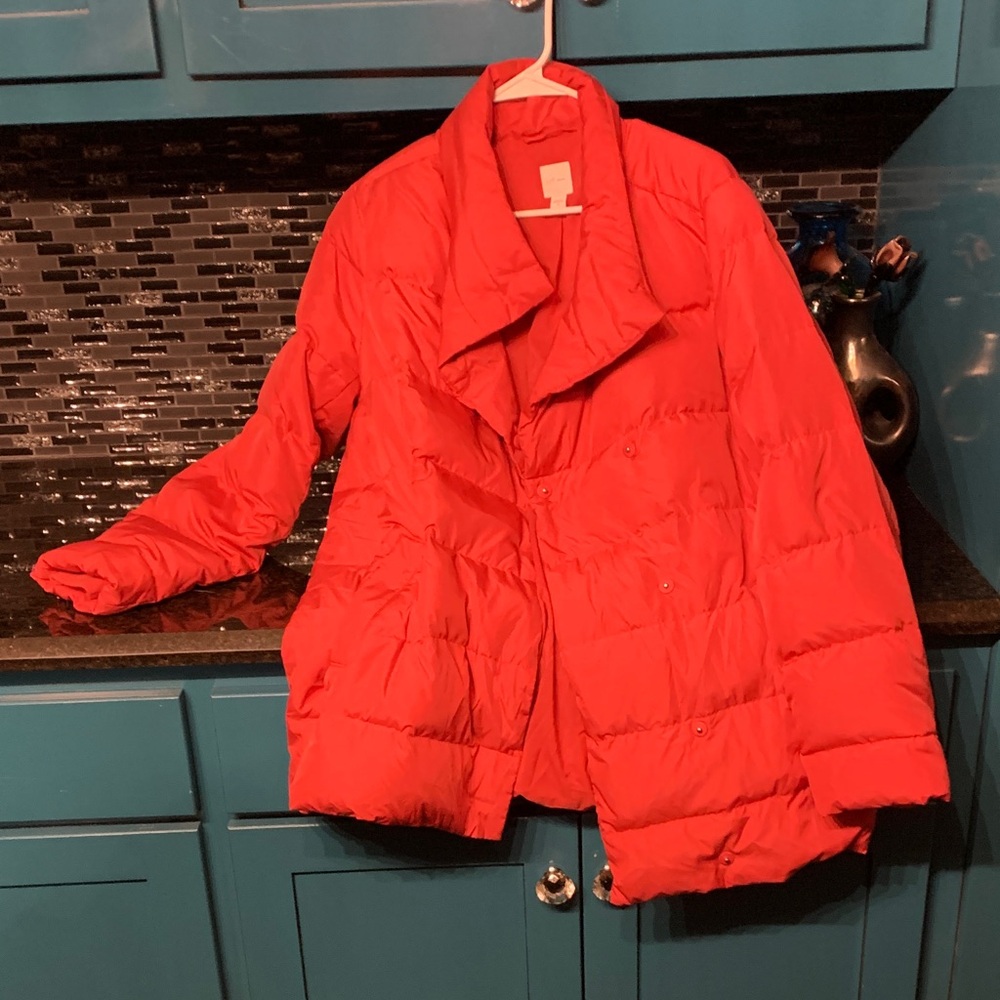 A comfy red J-Jill down coat.  Has soft cozy cuffs on the sleeves.